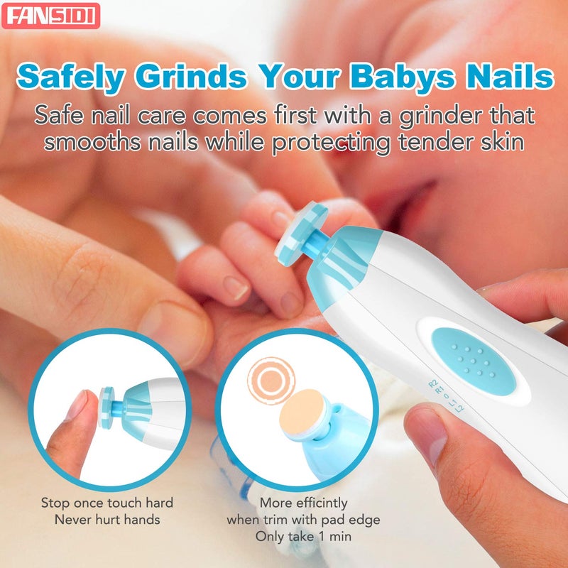 FANSIDI Baby Nail Clippers, Safe Baby Nail Trimmer Baby Nail File Electric with 10 Filing Pads 8 Sandpapers for Newborn Infant Toddler or Adult Toes Fingernails Care - AA Battery Operated (White/Blue) - Image 5